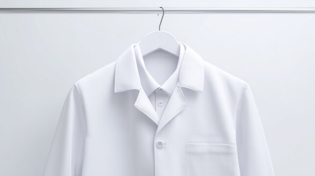 Clean white lab coat hanging on metal rack for medical and science concepts.

 - Powered by Adobe