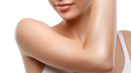 Close up of female arm with smooth radiant skin isolated on white for skincare beauty concepts.

