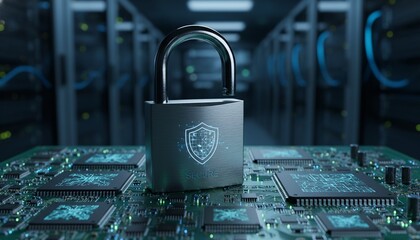 Digital Security Lock on Circuit Board in Server Room Background