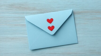 Blue envelope decorated with red hearts on a wooden surface, symbolizing love and romance, perfect for Valentine's Day or wedding invitations.