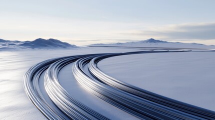 A winding road traverses a snowy landscape, with mountains in the distance.