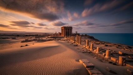 A panoramic vista where the golden sands of a desert meet the deep blue of the ocean.