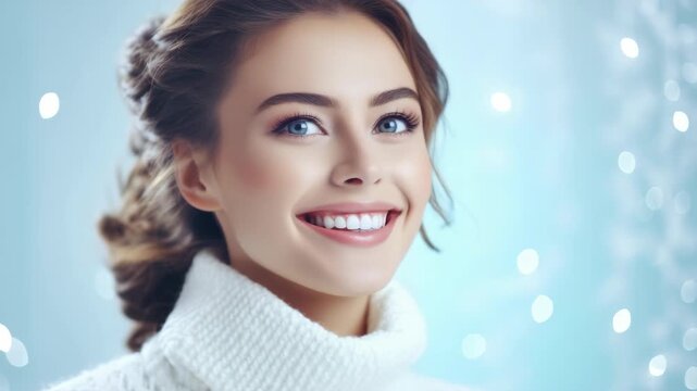 A beautiful young woman with bright blue eyes, smiling warmly at the camera. She has a fresh, clear complexion and wears a white turtleneck top. Her hair is styled in loose curls that frame her face