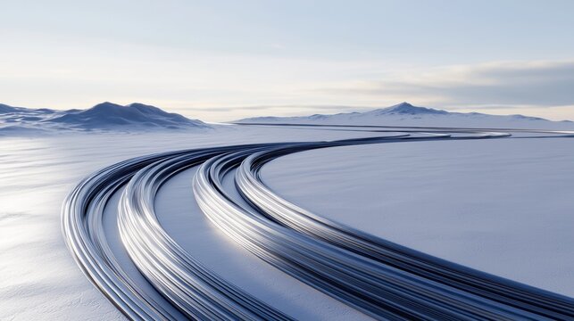 A winding road traverses a snowy landscape, with mountains in the distance.