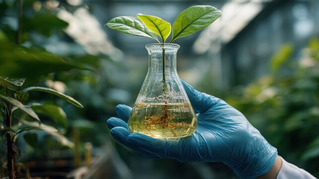 Scientist in blue gloves holding a glass flask with a growing plant sapling in a research laboratory - Powered by Adobe