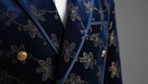 Luxury Navy Blue Velvet Blazer with Gold Floral Pattern