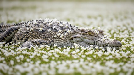 Obraz premium A large crocodile resting peacefully amidst a field of small white wildflowers, partially covered by blossoms.