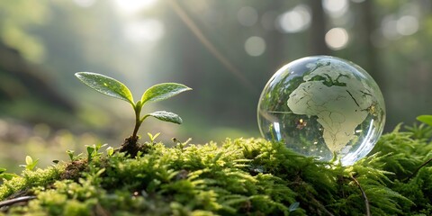 A delicate seedling alongside a glass orb containing a world map symbolizing environmental protection