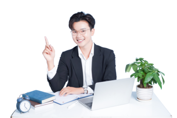 The Ideal Business Environment: A smart businessman is seated at his desk, pointing a finger upwards with a cheerful and confident expression, ready to explore new ideas 