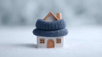 Cozy miniature house wrapped in blue knit sweater on soft snow background, winter season home decor concept, warmth and comfort idea in chilly weather