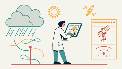 Successful businessman in a suit using a laptop for cloud computing technology and data network communication concept vector illustration