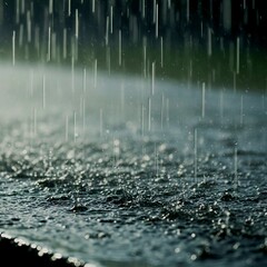 Close-up of heavy rain drops falling on wet asphalt road surface with misty background. 
