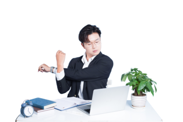 Work Break: A focused person takes a break at his desk. Stretching their arm as a work-life balance moment