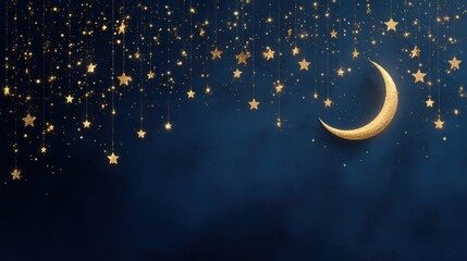 Naklejka premium Golden crescent moon and stars hanging on strings against blue background