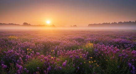 Vibrant purple wildflower meadow glows under a warm, misty sunrise over distant woods