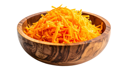 A wooden bowl overflowing with brightly shredded orange cheese