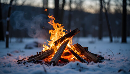Campfire burning amidst snow-covered forest in winter evening  
