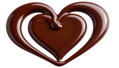 A glossy, heart-shaped design crafted from flowing, rich, dark chocolate against a black background