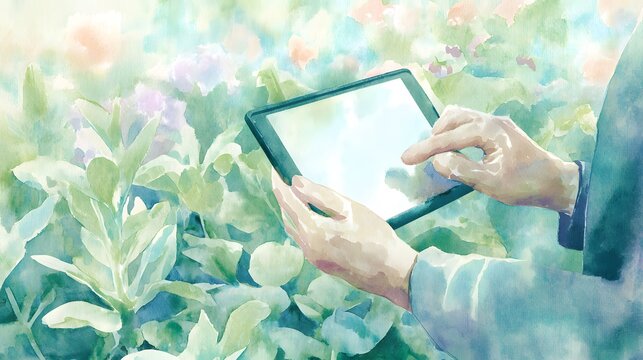 Gardener’s Hands Monitor Greenhouse Growth A Watercolor Illustration of Smart Horticultural Technology - Powered by Adobe