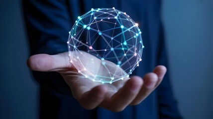 Glowing network nodes and threads over human hand - Suitable for communication, big data, digital offering, or future tech concepts.