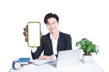 Digital Interface: A confident professional showcases a digital interface, inviting engagement and interactivity. A modern desk workspace with plant and laptop.