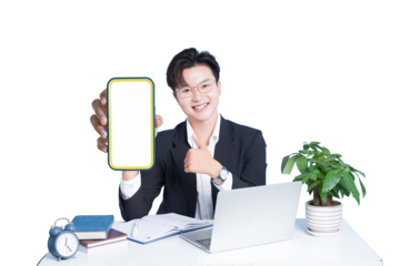 Man and Smartphone in Office: A confident professional showcases a smartphone with a blank screen at his desk, ready to display your digital content in an office setting.