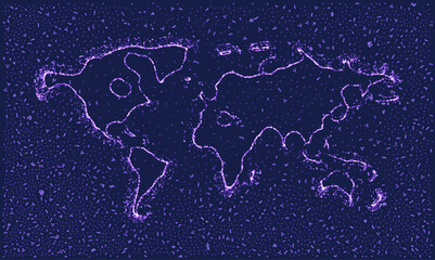 Futuristic world map vector with glowing purple particles representing global network connection, digital transformation, big data technology, international business logistics and energy power system. © Imaster