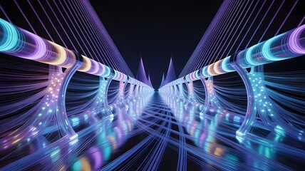 Futuristic bridge made of glowing fiber optic cables - Suitable for connectivity, infrastructure, future travel, or technological advancement.
