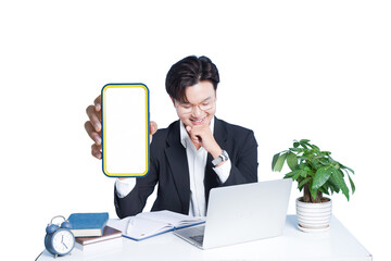 Tech Showcase: A smiling professional presents a smart device, surrounded by work essentials.