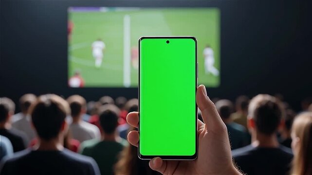 Hand Holding Smartphone with Green Screen in Stadium: Augmented Reality Sports Viewing, Digital Overlay, Fan Experience, Technology Integration, Mobile Device.

