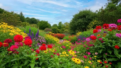 Beautiful red poppy flowers bloom in a lush green meadow under a blue sky with clouds, capturing the natural beauty of a spring garden landscape in the rural countryside