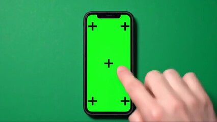 A hand interacts with a smartphone featuring a green screen for easy content insertion.