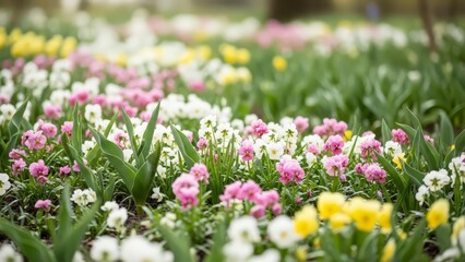 A beautiful field of bright pink and white tulips in full blossom creates a colorful spring meadow where vibrant garden flowers and green leaves celebrate the beauty of nature in bloom