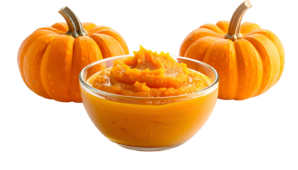 Three pumpkins, two whole, one pureed in a glass bowl, against black background