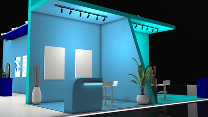 Empty stand or booth in a tradeshow. 3d render exhibition mockup. Virtual exhibition. Exhibition blue stand mockup and flat used for branding and Corporate identity.	