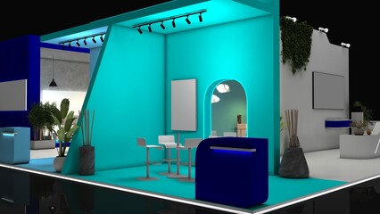 Empty stand or booth in a tradeshow. 3d render exhibition mockup. Virtual exhibition. Exhibition blue stand mockup and flat used for branding and Corporate identity.	