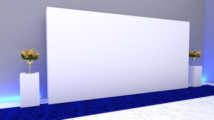 3D exhibition stand. White empty geometric square. White blank promotion. Presentation event room display. Blank wall. Blank mock-up box product isolated. Mockup for press wall, pop up. Template