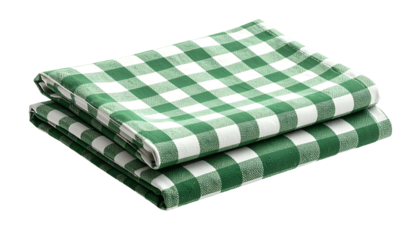 Two folded checkered napkins, stacked neatly, green and white pattern, isolated on black
