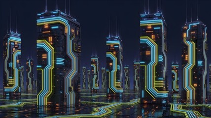Futuristic city skyline made of glowing circuit board towers – Ideal for tech advertising or digital architecture.