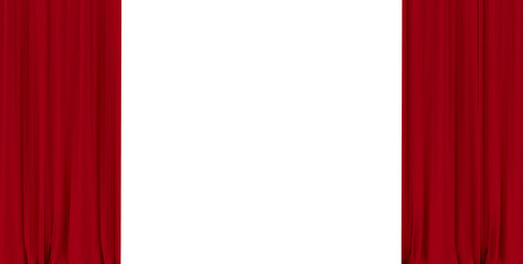 Red curtain on theater or cinema stage slightly open. Red theater curtains isolated 