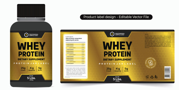 Whey Protein Powder Label Design, Logo and Packaging design. Supplement jar label design, health product BCAA glutathione, black gold shiny label editable vector file, chocolate flavour powder label