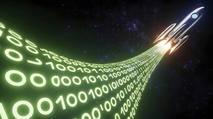 Binary code stream trailing silver rocket through dark cosmos – Suitable for software development or space exploration.