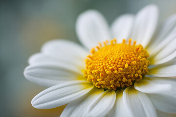 Fototapeta premium Beautiful close up composition of white daisy petals surrounding vivid yellow centers in spring scenery