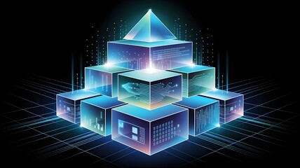 Futuristic pyramid of glowing data blocks in a dark technological space – Great for blockchain or digital storage themes.