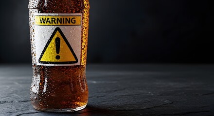 Close-up of a cold soda bottle with a warning label and water droplets on a dark background for health risk concept and consumer awareness