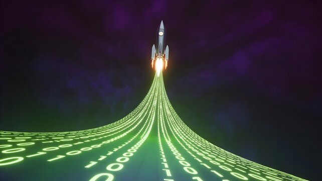 Rocket ascending with brilliant trail of streaming binary code – Perfect for space technology or cybersecurity themes. - Powered by Adobe