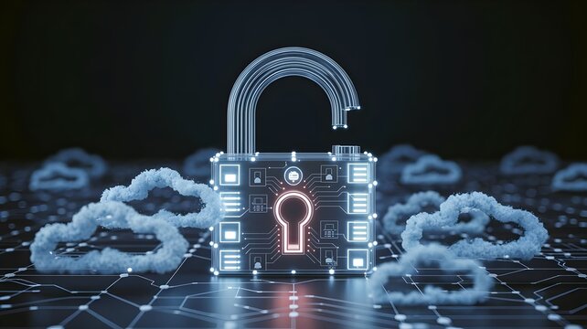 Cloud-based security with padlock of connected server icons and data – Great for network infrastructure or IoT. - Powered by Adobe