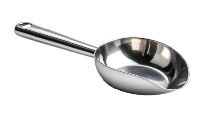 A close-up shot of a stainless steel scoop lying on a black background