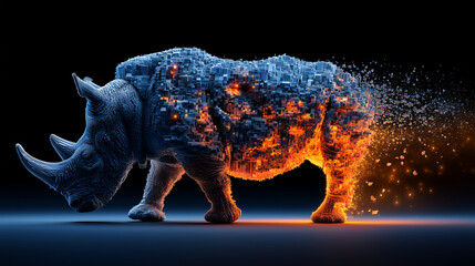 Un rhinoc&eacute;ros 3D se dissolvant en minuscules pixels lumineux