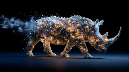 Un rhinoc&eacute;ros 3D se dissolvant en minuscules pixels lumineux